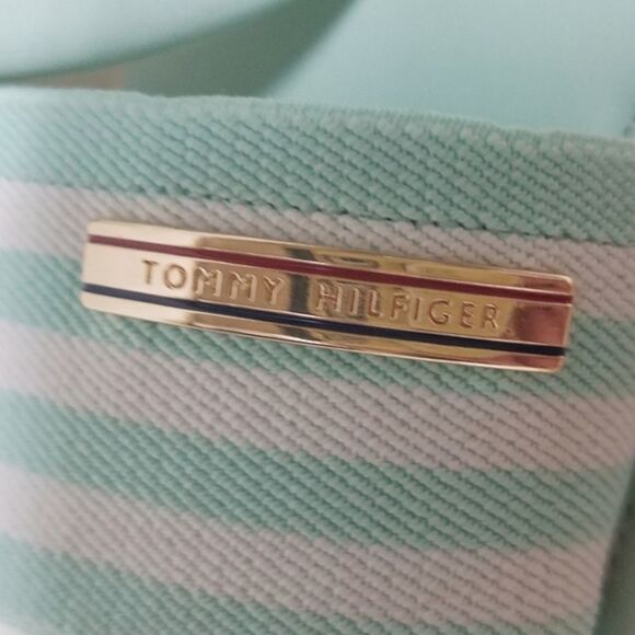 TOMMY Hilfiger Pascal Open Toe Aqua Striped Slides - Picture 6 of 10